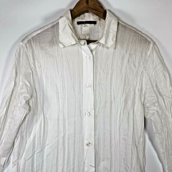 Les Copains White Pleated Crinkle Shirt Dress Tunic EU 48 US 12 Sheer Minimalist - Picture 2 of 16